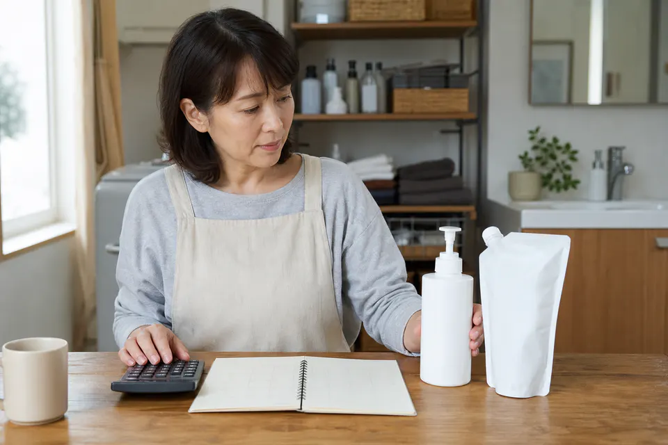 ヘアケア用品の月額を電卓と手帳で確かめる女性