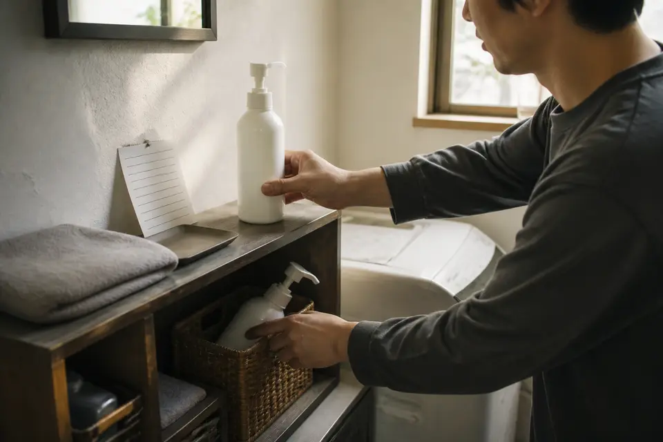 洗面所の棚を1本のポンプ容器へ整理する男性