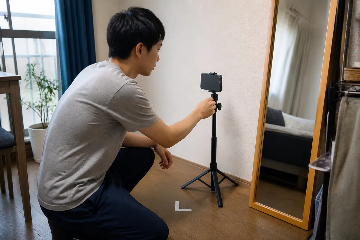 自宅でスマートフォンの撮影位置をそろえる準備をする男性