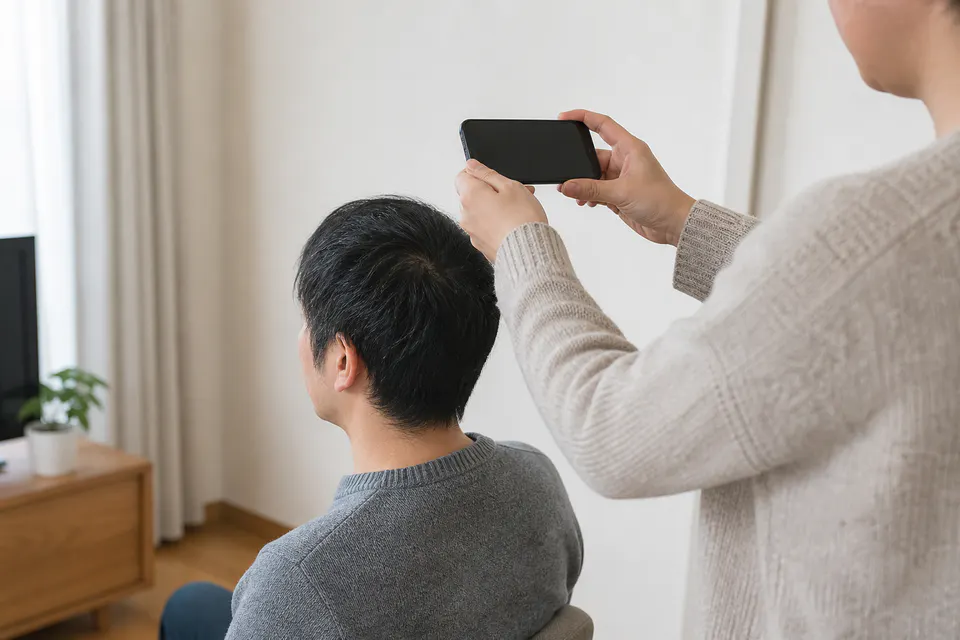 同じ距離からスマートフォンで頭頂部を撮影する様子