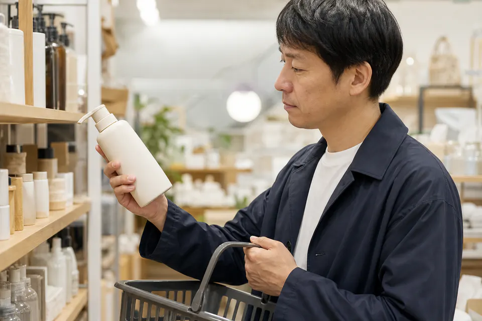店頭でシャンプー容器の大きさや形を確認する男性
