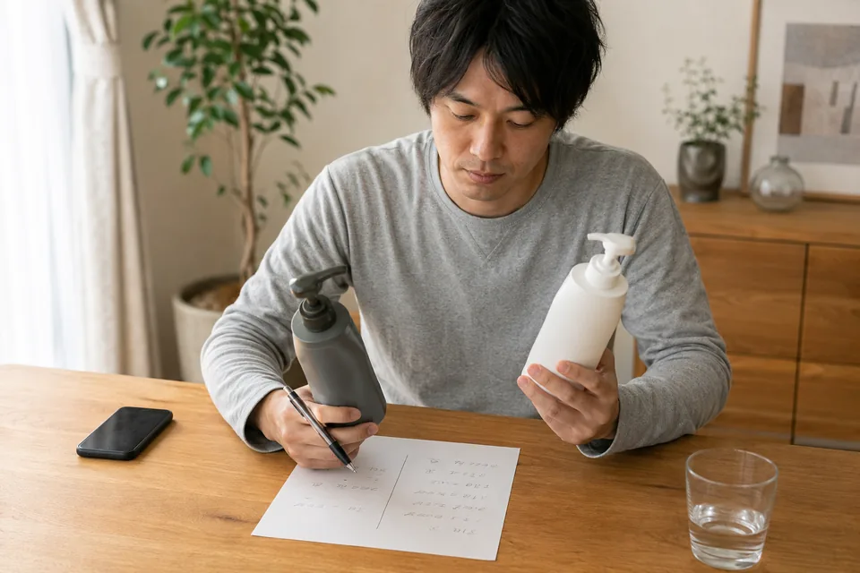 机で2本の無地容器を見ながら2列のメモを書く男性