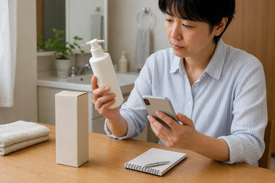 無地のシャンプー容器と外箱を手に商品ページを確認する男性