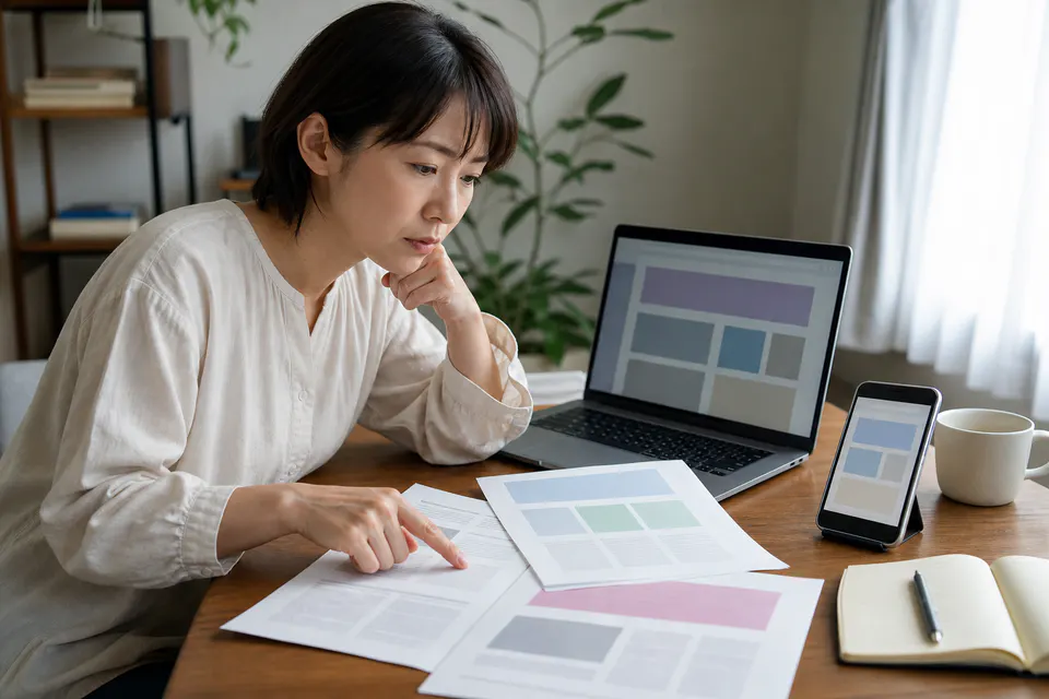 複数のページを見比べて情報の出どころを確認する女性