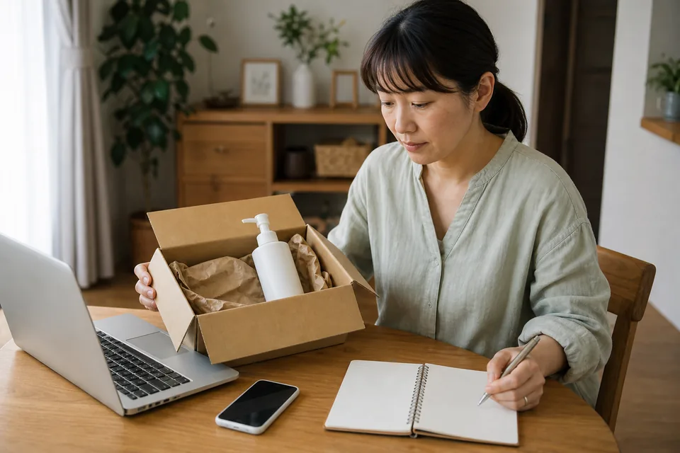 届いたシャンプーと申込内容をノートで確かめる女性
