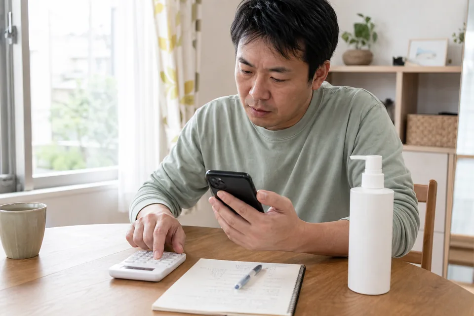 スマートフォンの画面で金額表示を指でなぞって確かめる手元