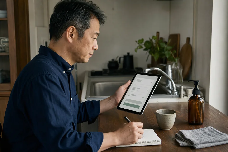 タブレットの注文確認画面を見ながらメモを取る男性