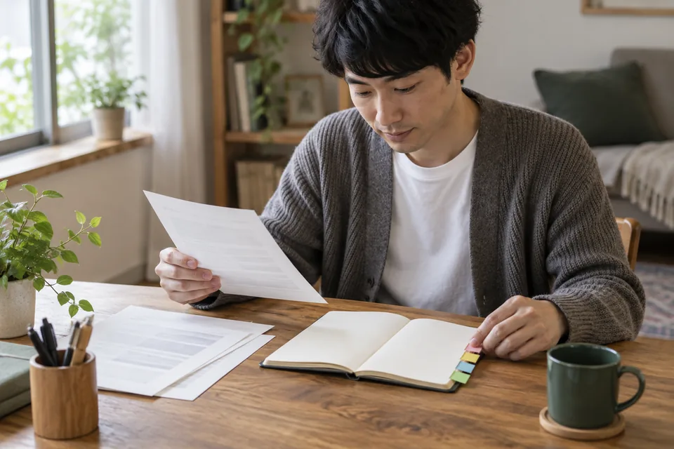 相談案内に出てくる言葉をノートへ整理する男性