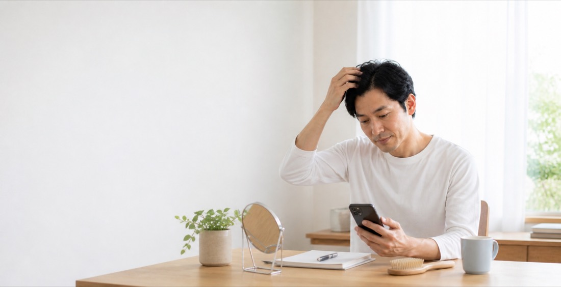 自宅の机でスマートフォンを見ながら髪を気にしている男性
