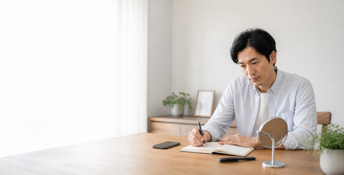 自宅の机でノートに書きながら相談前の準備をしている男性
