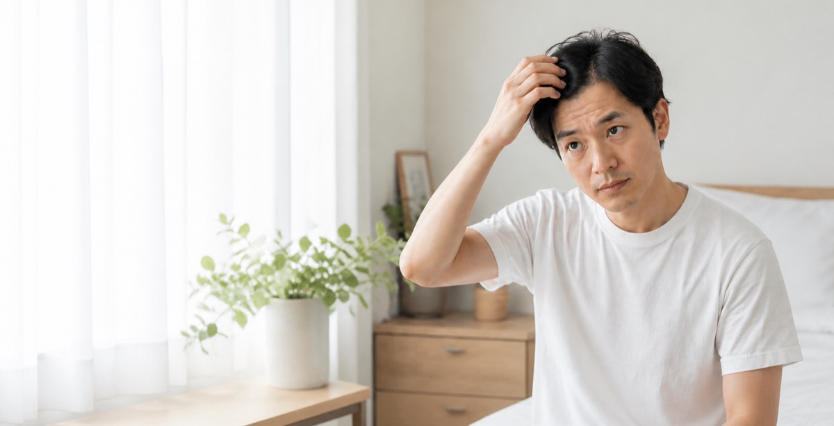 自宅で髪の状態を気にしている男性